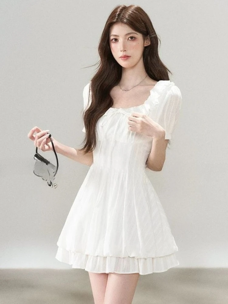 French Elegant Slim Short Sleeve Dress 2000s Harajuku Vintage Sweet Short Party Dress Y2k Japan Style Lolita Kawaii Mini Dress