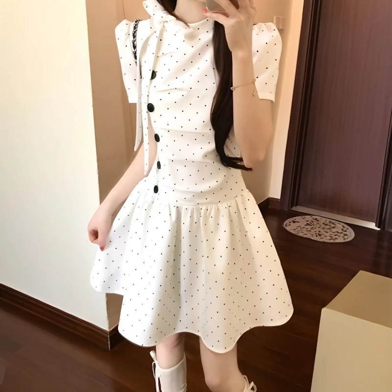 French Elegant Slim Short Sleeve Dress 2000s Harajuku Vintage Sweet Short Party Dress Y2k Japan Style Lolita Kawaii Mini Dress
