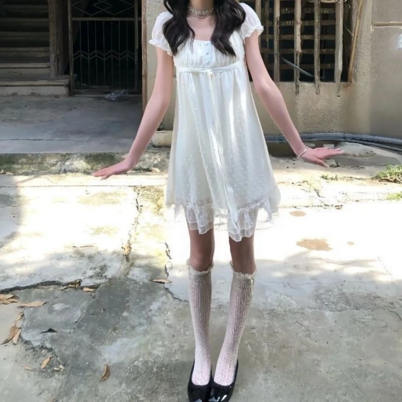 French Elegant Slim Short Sleeve Dress 2000s Harajuku Vintage Sweet Short Party Dress Y2k Japan Style Lolita Kawaii Mini Dress