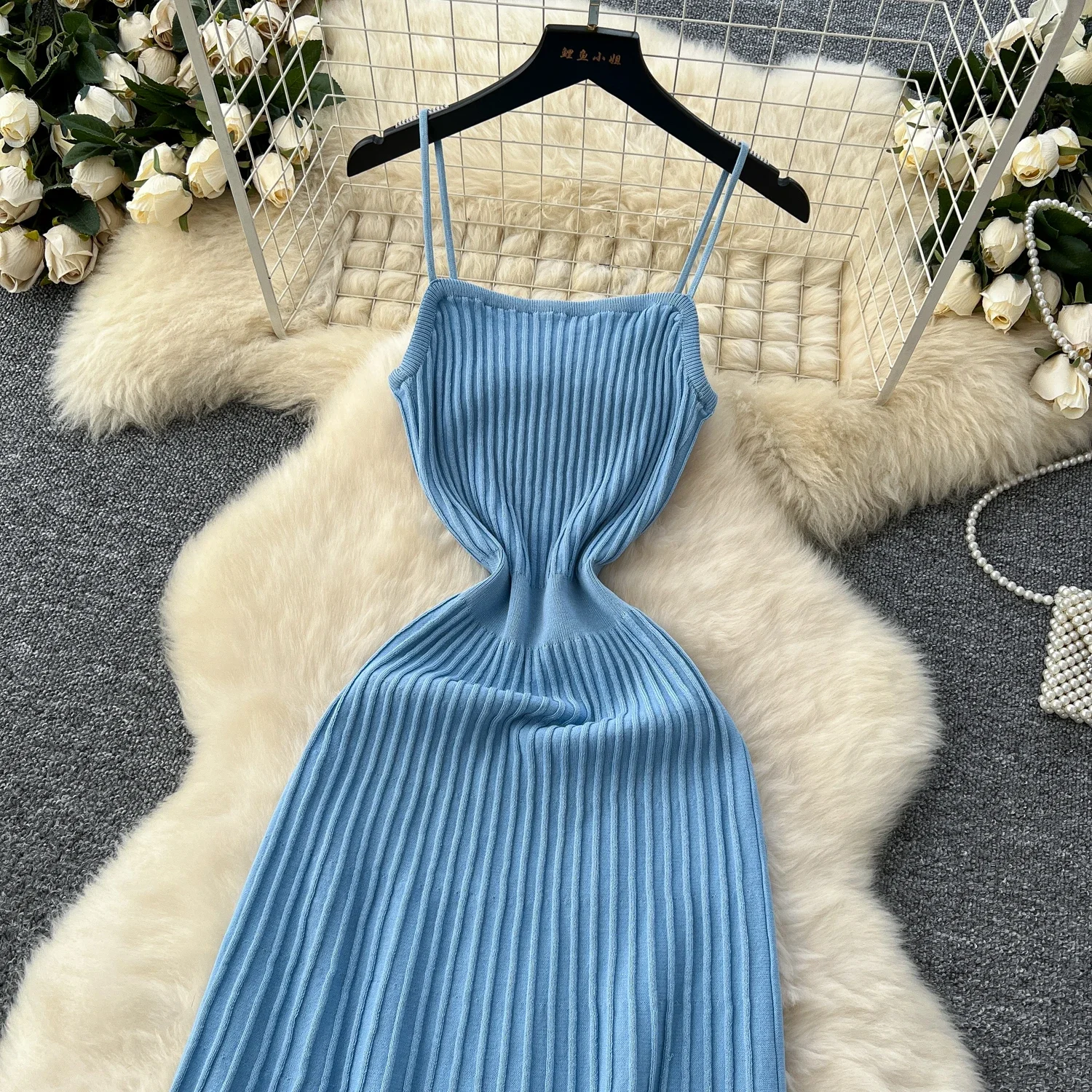 Knitted Pleated Long Dress High Waist Midi Sling Dress Elegant Sleeveless Yellow Dress Women Streetwear Black Bodycon Dress