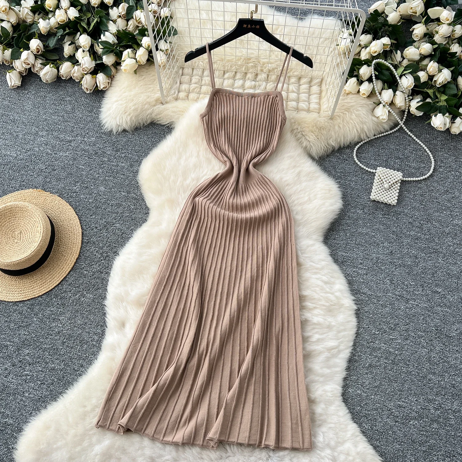 Knitted Pleated Long Dress High Waist Midi Sling Dress Elegant Sleeveless Yellow Dress Women Streetwear Black Bodycon Dress