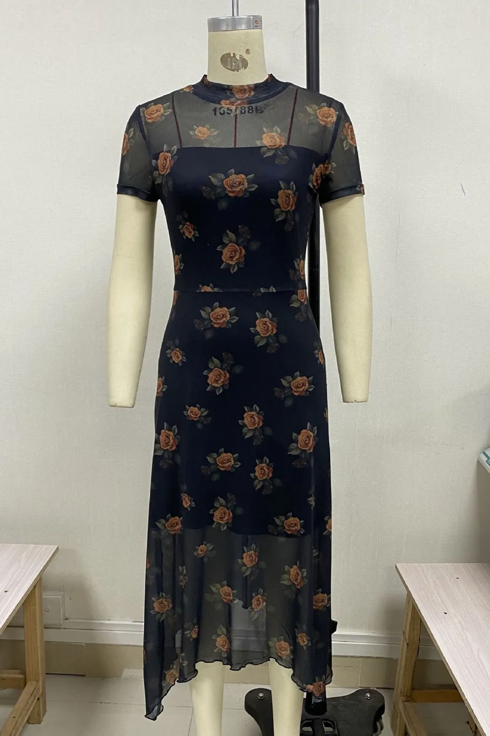 Goth Dark Elegant Fashion Florals Print Short Sleeve Mid Dress Fairy Grunge Mesh Patchwork Double Layer Dresses Gothic Techwear