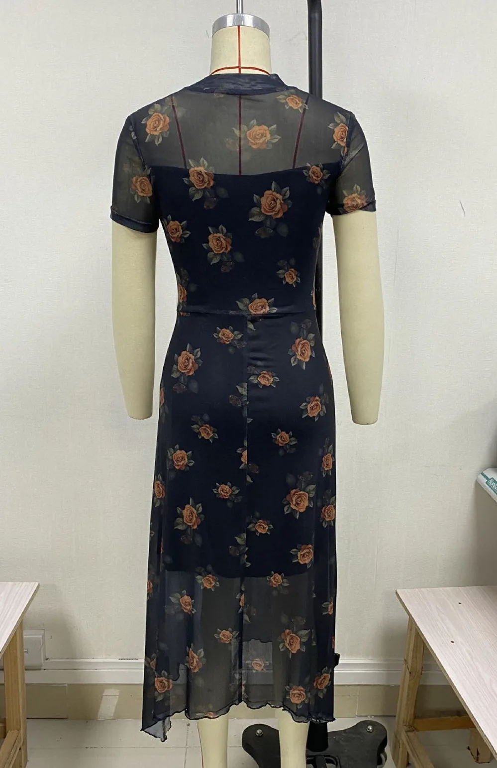 Goth Dark Elegant Fashion Florals Print Short Sleeve Mid Dress Fairy Grunge Mesh Patchwork Double Layer Dresses Gothic Techwear