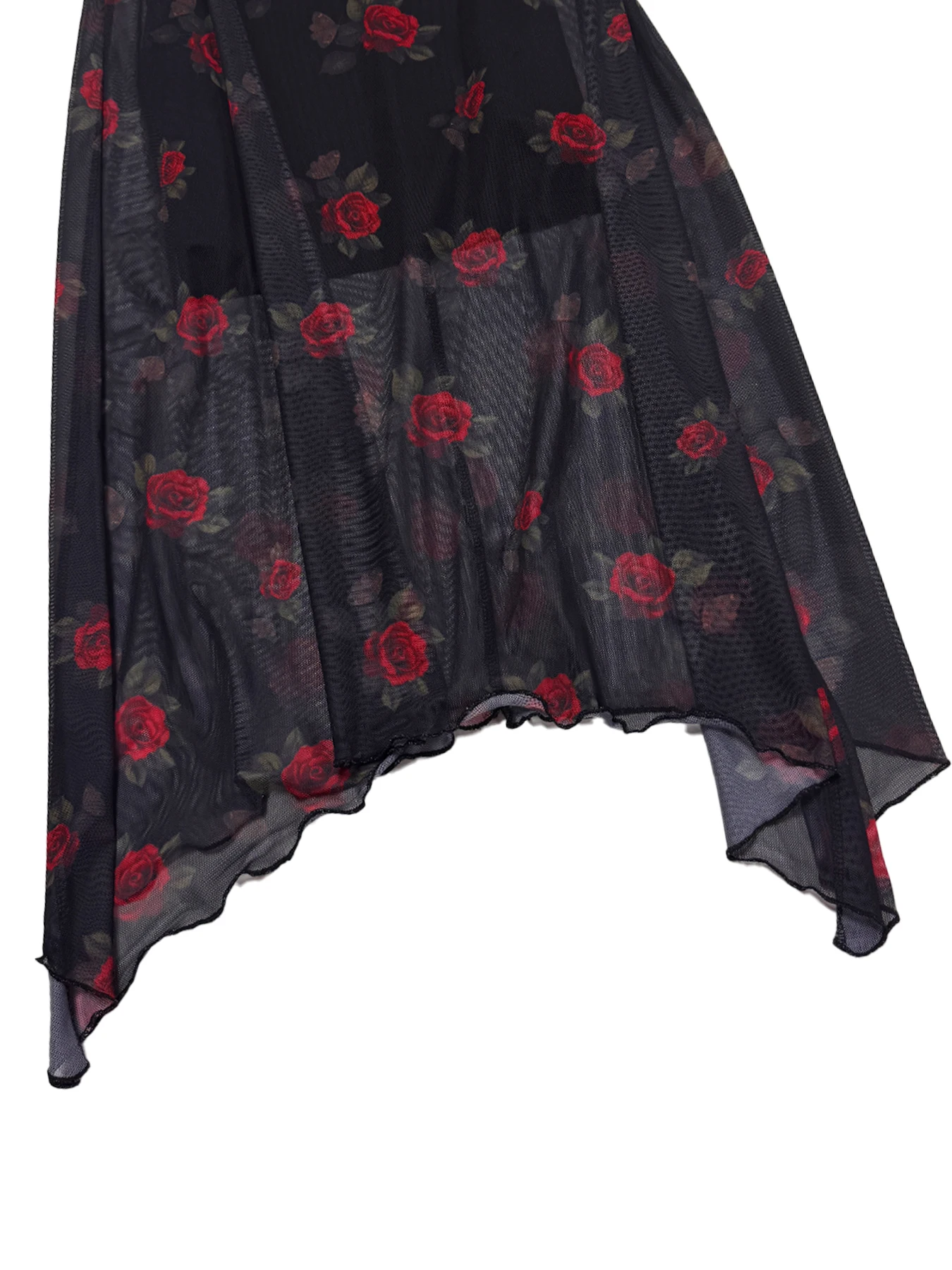 Goth Dark Elegant Fashion Florals Print Short Sleeve Mid Dress Fairy Grunge Mesh Patchwork Double Layer Dresses Gothic Techwear