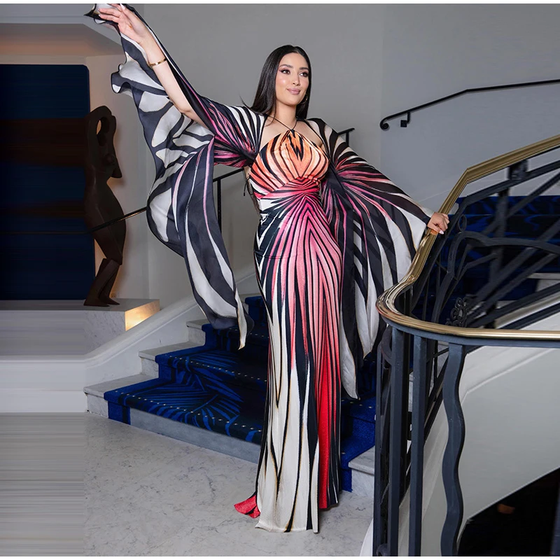 Chic Gradient Stripe Halter Dress Women Butterfly Sleeve Backless Slim Floor-length Dresses 2026 New Lady Party Evening Gown ﻿