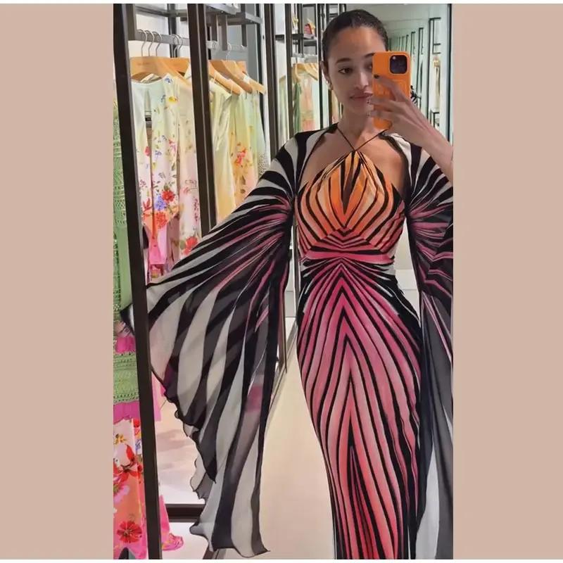 Chic Gradient Stripe Halter Dress Women Butterfly Sleeve Backless Slim Floor-length Dresses 2026 New Lady Party Evening Gown ﻿