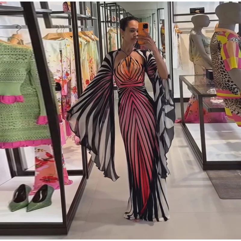Chic Gradient Stripe Halter Dress Women Butterfly Sleeve Backless Slim Floor-length Dresses 2026 New Lady Party Evening Gown ﻿