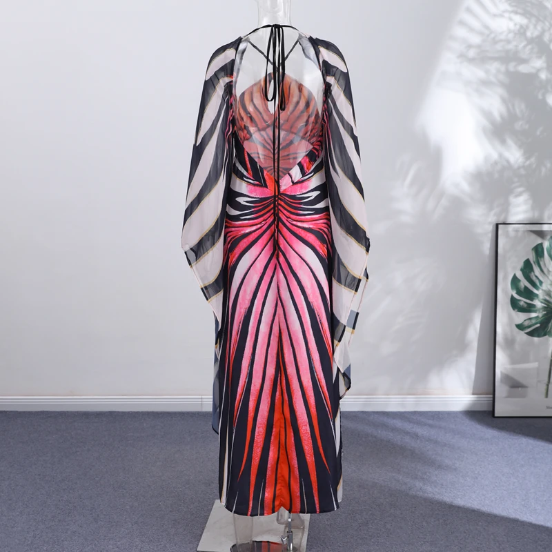 Chic Gradient Stripe Halter Dress Women Butterfly Sleeve Backless Slim Floor-length Dresses 2026 New Lady Party Evening Gown ﻿