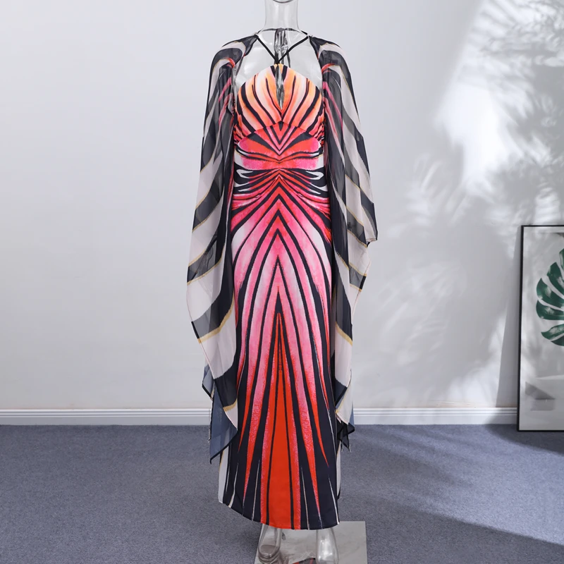 Chic Gradient Stripe Halter Dress Women Butterfly Sleeve Backless Slim Floor-length Dresses 2026 New Lady Party Evening Gown ﻿