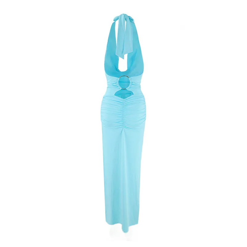 Summer Women's V-Neck Long Dresses Fashion High-Waisted Sexy Backless Sleeveless Solid Bodycon Gown Elegant Evening Party Outfit