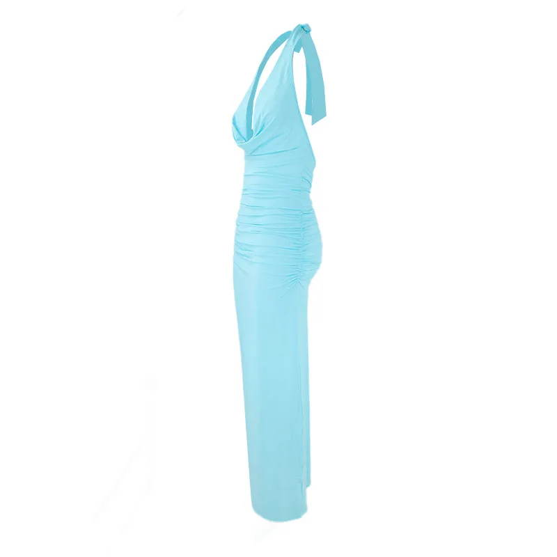 Summer Women's V-Neck Long Dresses Fashion High-Waisted Sexy Backless Sleeveless Solid Bodycon Gown Elegant Evening Party Outfit