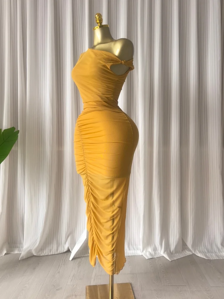CM.YAYA Women's Bowknot Drop Shoulder Ruched Stacked Bodycon Midi Maxi Formal Dress 2026 Education Party Cocktail Night Dresses