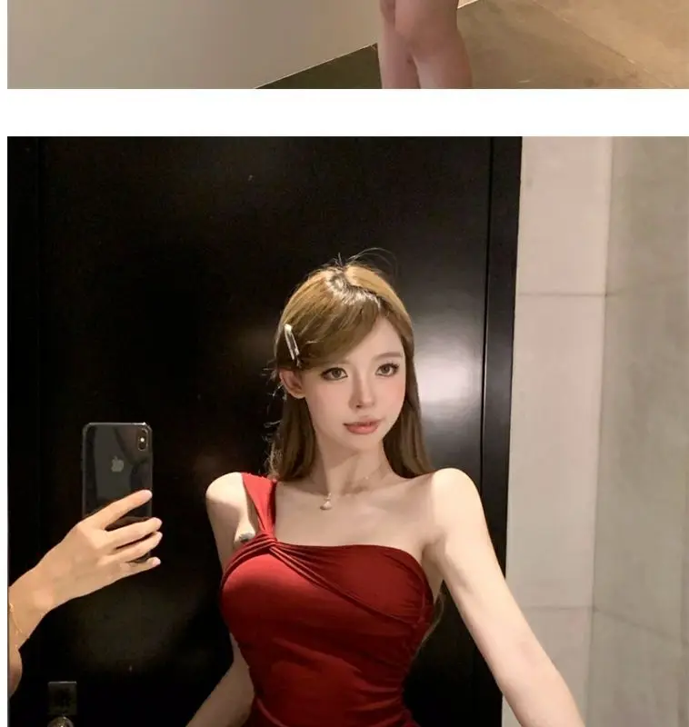 Summer women's sexy one-shoulder pleated slim dress butt-covering skirt