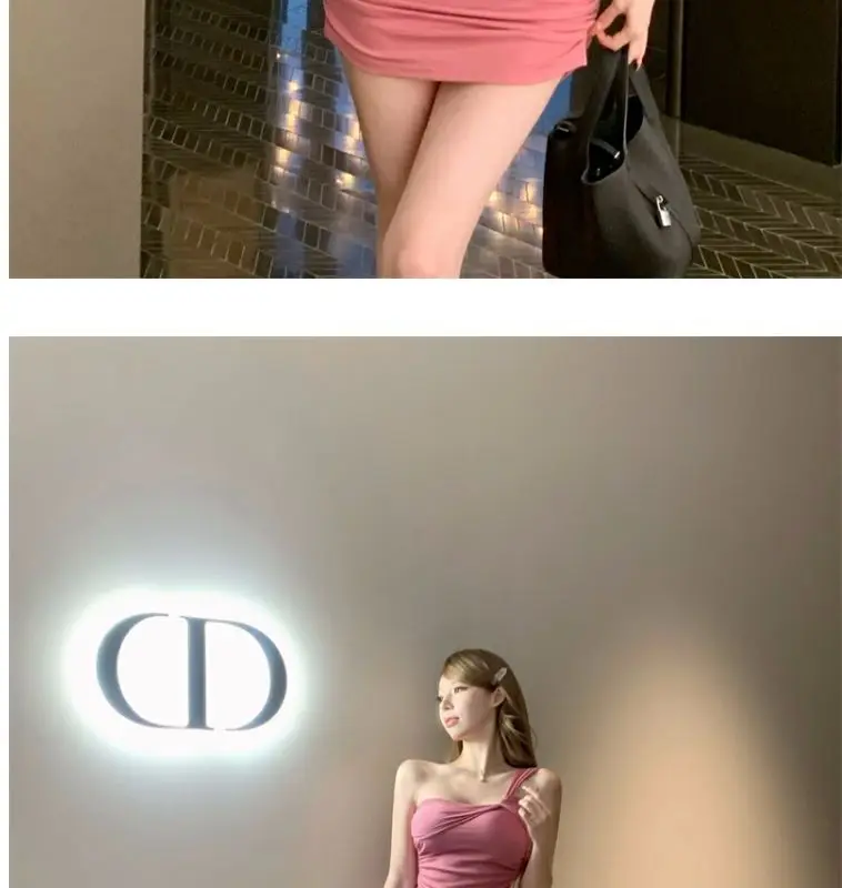 Summer women's sexy one-shoulder pleated slim dress butt-covering skirt
