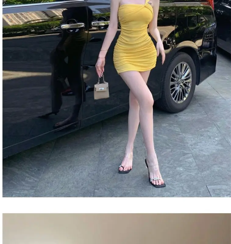 Summer women's sexy one-shoulder pleated slim dress butt-covering skirt
