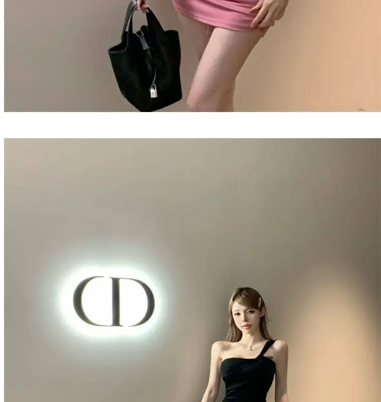 Summer women's sexy one-shoulder pleated slim dress butt-covering skirt
