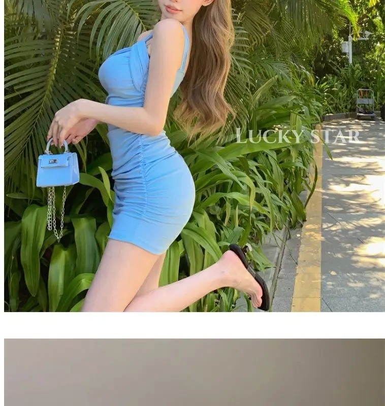 Summer women's sexy one-shoulder pleated slim dress butt-covering skirt