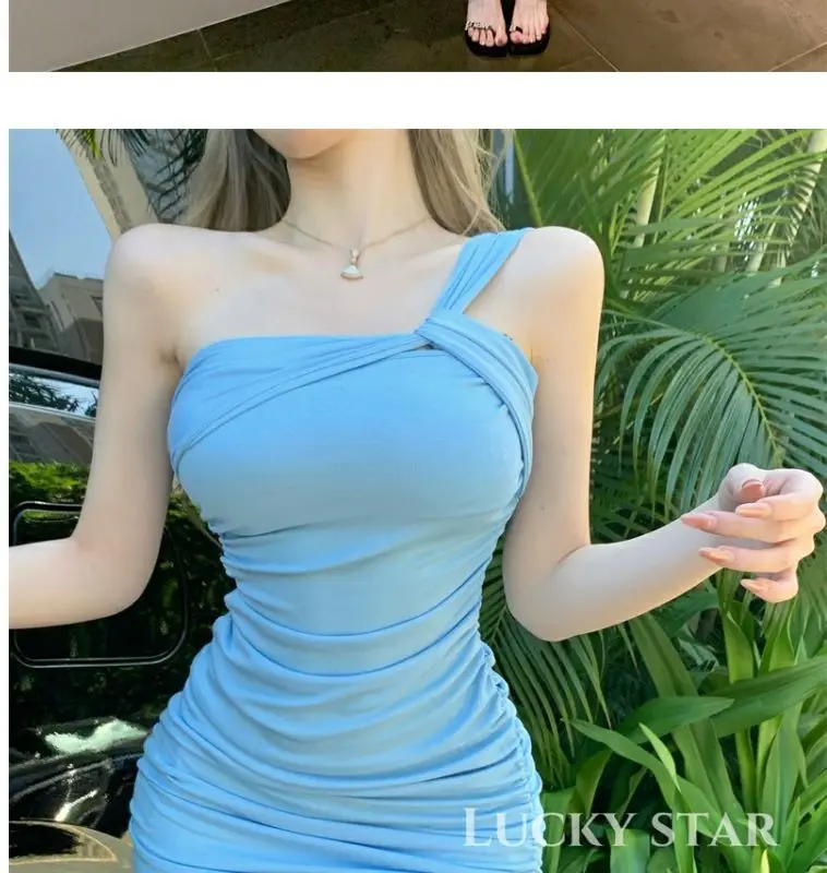 Summer women's sexy one-shoulder pleated slim dress butt-covering skirt