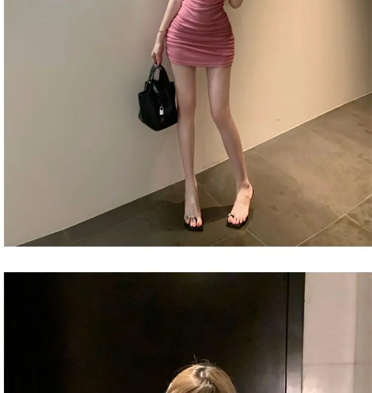 Summer women's sexy one-shoulder pleated slim dress butt-covering skirt