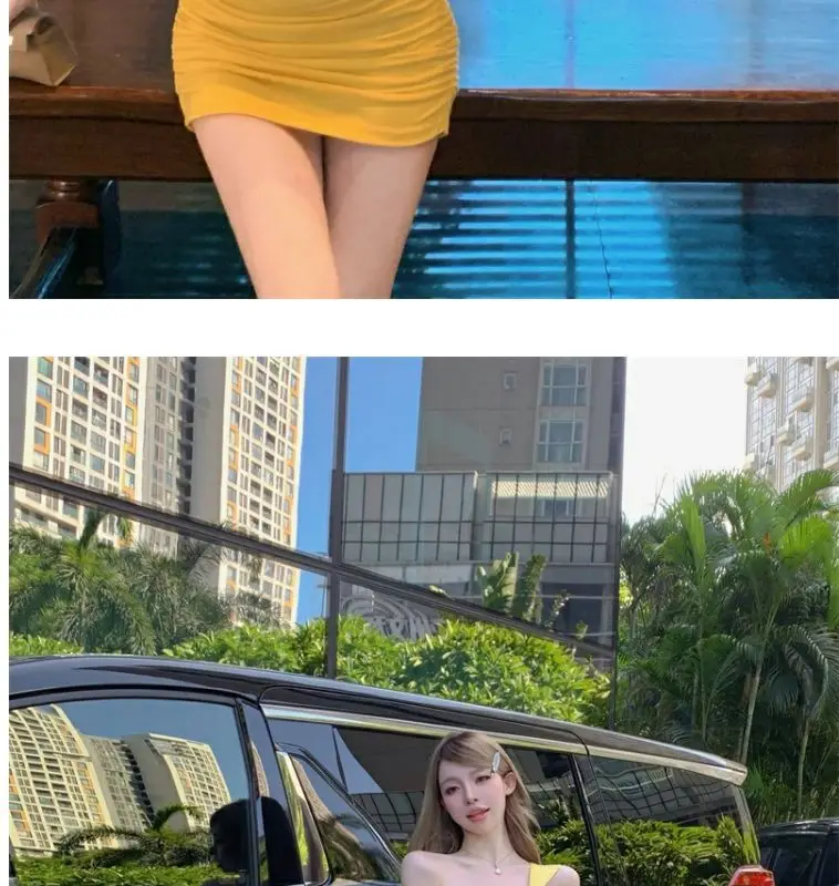 Summer women's sexy one-shoulder pleated slim dress butt-covering skirt