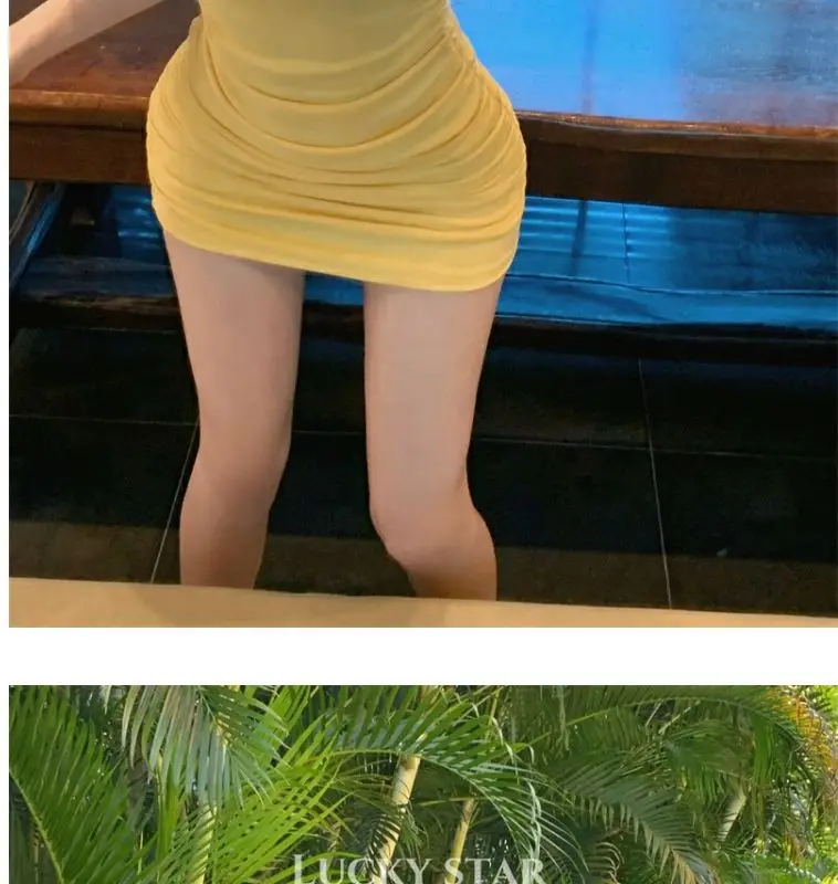 Summer women's sexy one-shoulder pleated slim dress butt-covering skirt