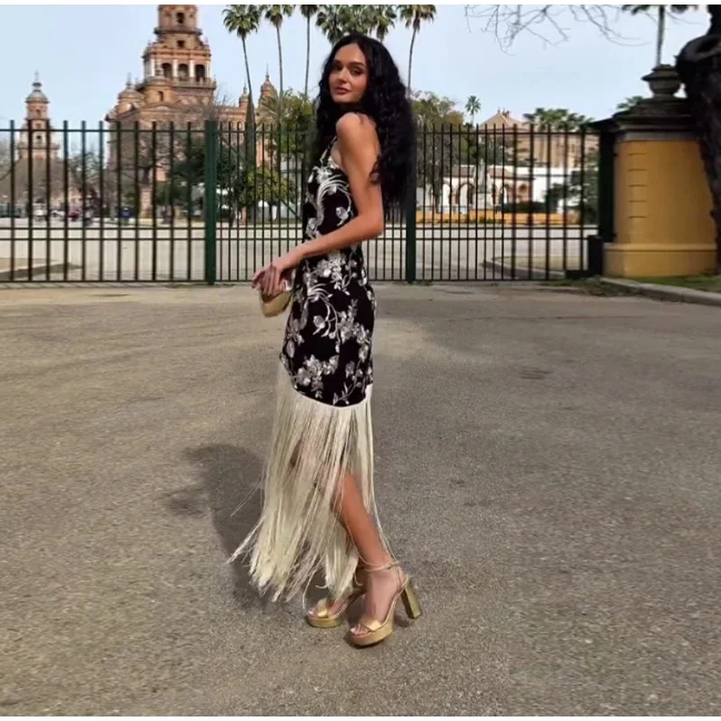 Vintage Print Tassel Asymmetrical Long Dress Women Halter Sleeveless Backless Female Party Dresses Spring Summer Lady Chic Robe