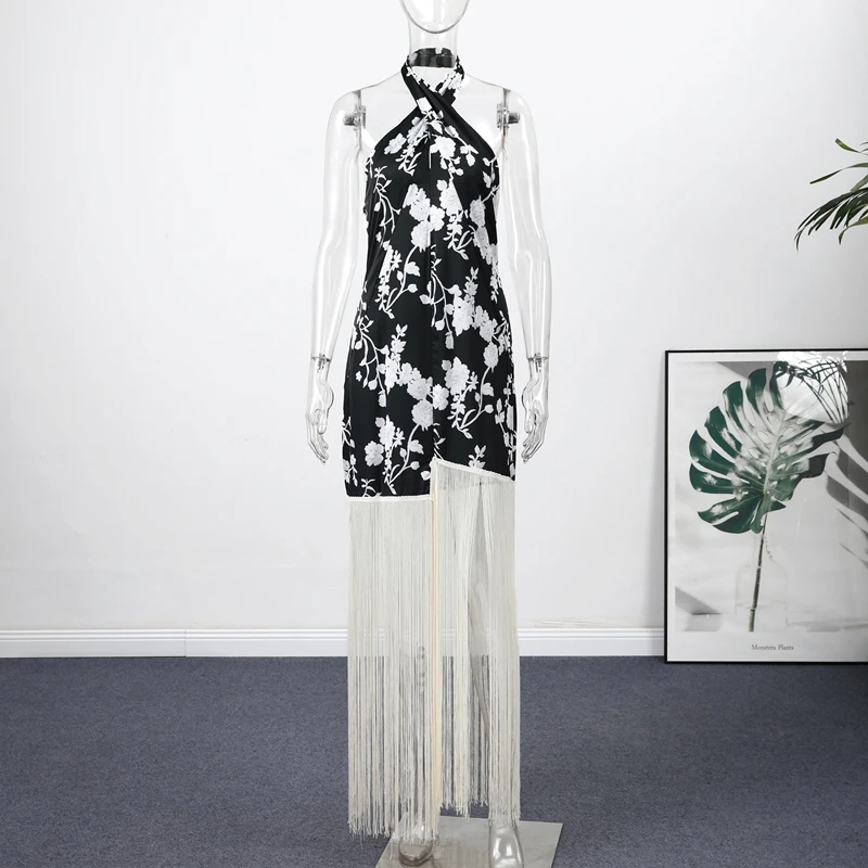 Vintage Print Tassel Asymmetrical Long Dress Women Halter Sleeveless Backless Female Party Dresses Spring Summer Lady Chic Robe