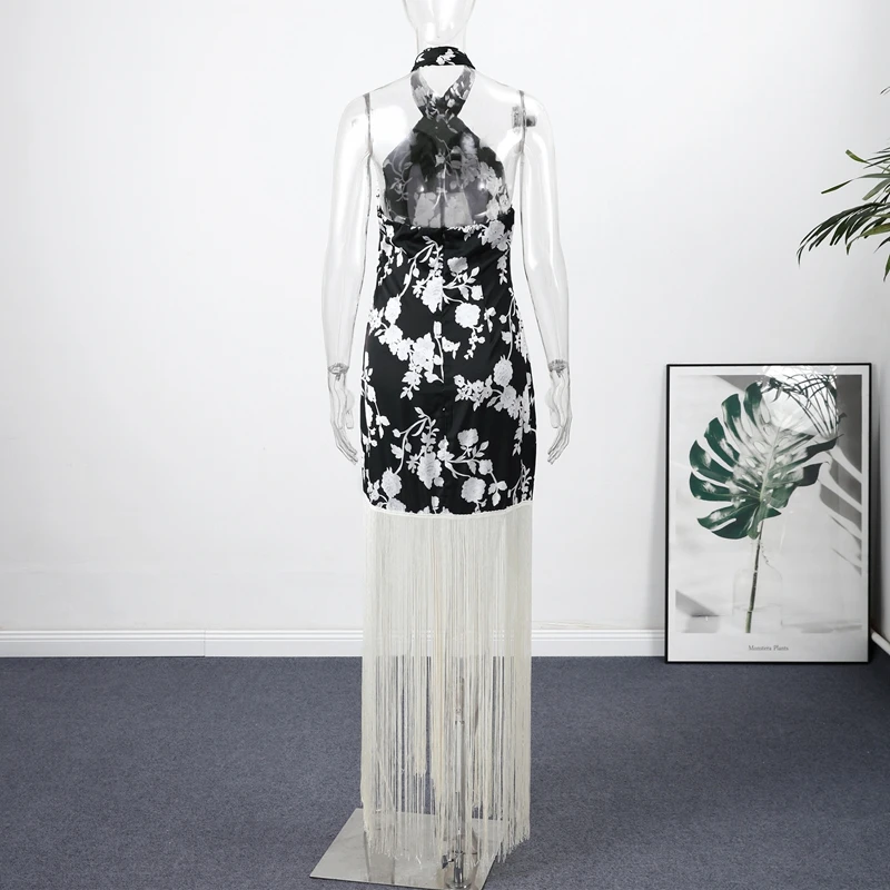 Vintage Print Tassel Asymmetrical Long Dress Women Halter Sleeveless Backless Female Party Dresses Spring Summer Lady Chic Robe
