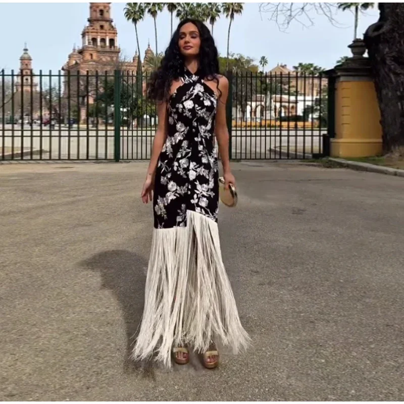 Vintage Print Tassel Asymmetrical Long Dress Women Halter Sleeveless Backless Female Party Dresses Spring Summer Lady Chic Robe