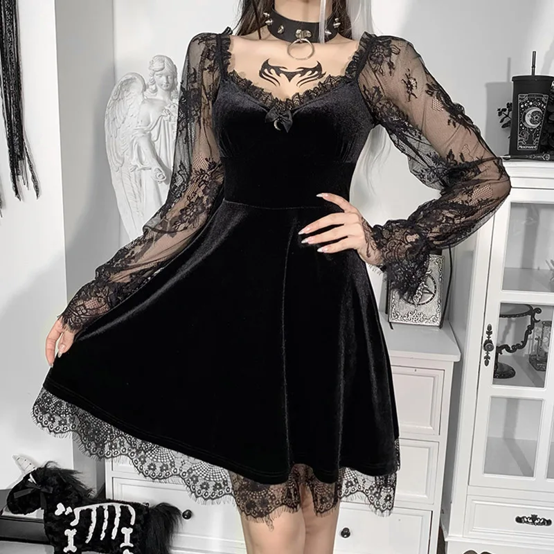Gothic Lolita Girl Lace Trim Velvet A-Line Dress Women Sexy Perspective Long Sleeve V Neck Slim Mini Dress Cosplay Party Costume