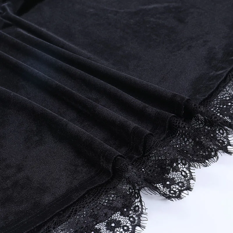 Gothic Lolita Girl Lace Trim Velvet A-Line Dress Women Sexy Perspective Long Sleeve V Neck Slim Mini Dress Cosplay Party Costume