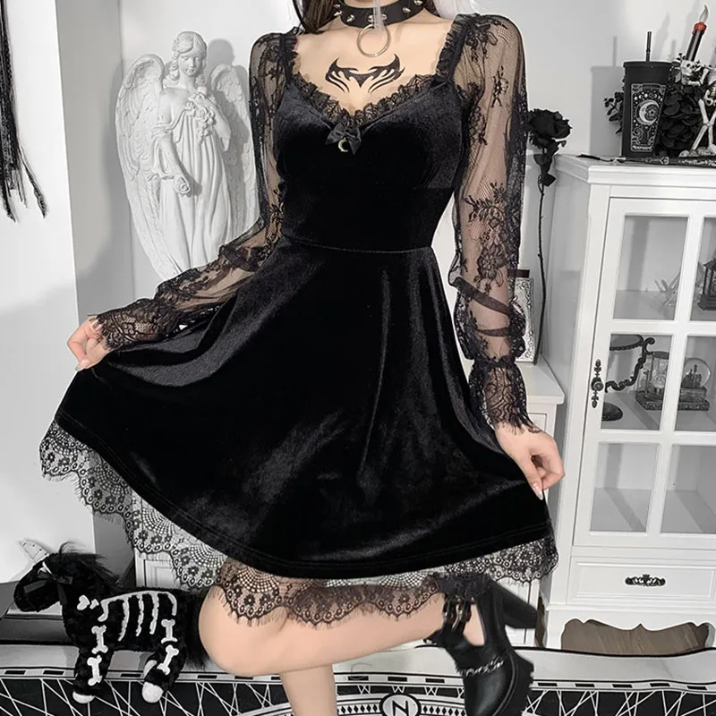 Gothic Lolita Girl Lace Trim Velvet A-Line Dress Women Sexy Perspective Long Sleeve V Neck Slim Mini Dress Cosplay Party Costume