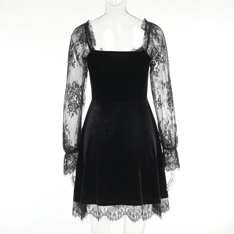 Gothic Lolita Girl Lace Trim Velvet A-Line Dress Women Sexy Perspective Long Sleeve V Neck Slim Mini Dress Cosplay Party Costume