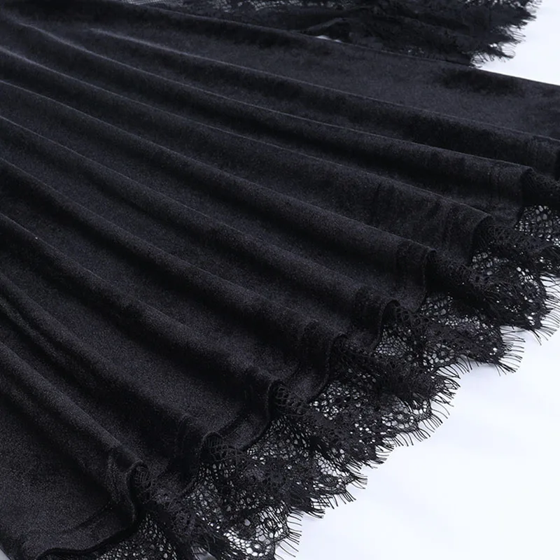 Gothic Lolita Girl Lace Trim Velvet A-Line Dress Women Sexy Perspective Long Sleeve V Neck Slim Mini Dress Cosplay Party Costume