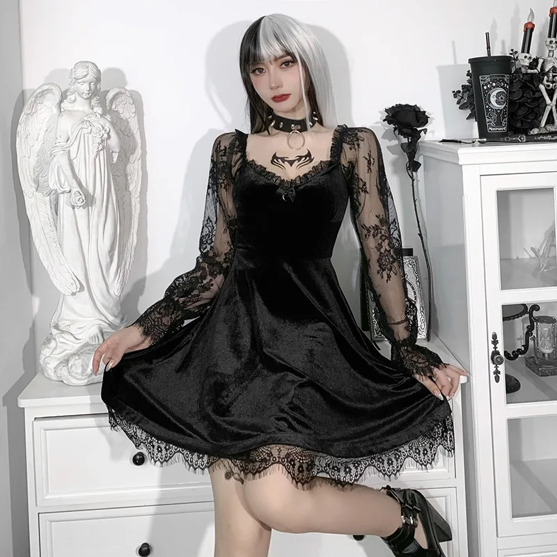Gothic Lolita Girl Lace Trim Velvet A-Line Dress Women Sexy Perspective Long Sleeve V Neck Slim Mini Dress Cosplay Party Costume