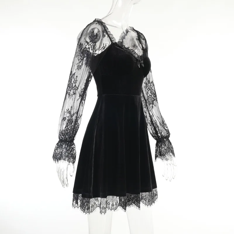 Gothic Lolita Girl Lace Trim Velvet A-Line Dress Women Sexy Perspective Long Sleeve V Neck Slim Mini Dress Cosplay Party Costume