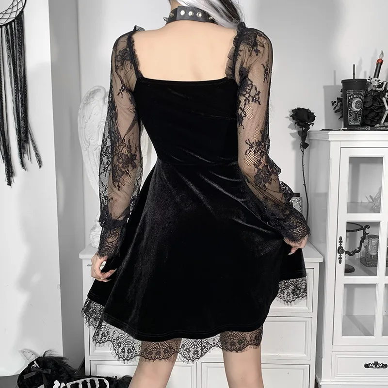 Gothic Lolita Girl Lace Trim Velvet A-Line Dress Women Sexy Perspective Long Sleeve V Neck Slim Mini Dress Cosplay Party Costume