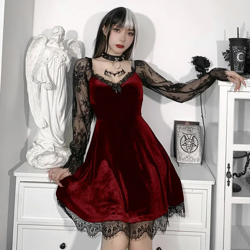 Gothic Lolita Girl Lace Trim Velvet A-Line Dress Women Sexy Perspective Long Sleeve V Neck Slim Mini Dress Cosplay Party Costume