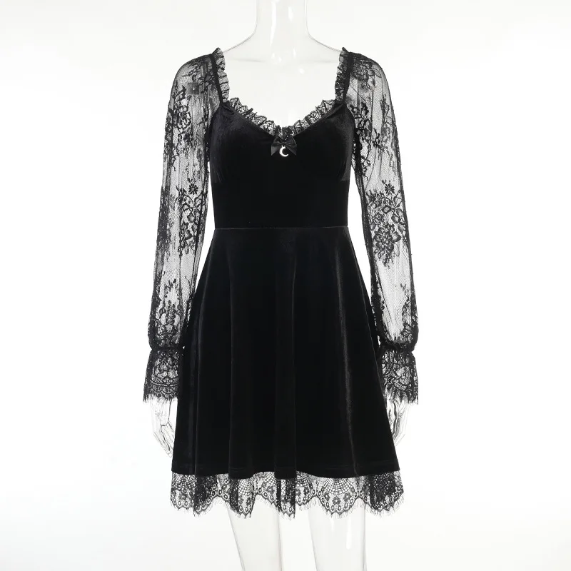 Gothic Lolita Girl Lace Trim Velvet A-Line Dress Women Sexy Perspective Long Sleeve V Neck Slim Mini Dress Cosplay Party Costume
