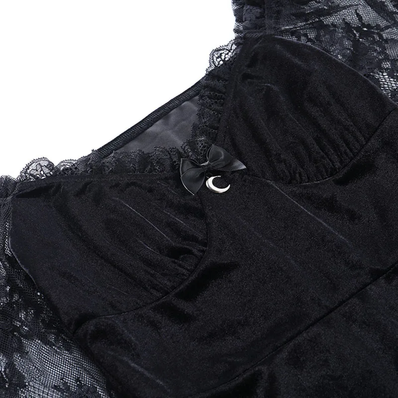 Gothic Lolita Girl Lace Trim Velvet A-Line Dress Women Sexy Perspective Long Sleeve V Neck Slim Mini Dress Cosplay Party Costume