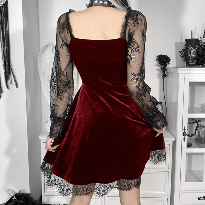 Gothic Lolita Girl Lace Trim Velvet A-Line Dress Women Sexy Perspective Long Sleeve V Neck Slim Mini Dress Cosplay Party Costume