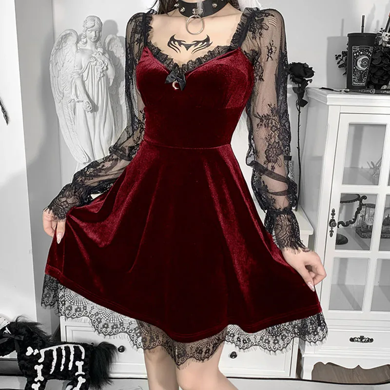 Gothic Lolita Girl Lace Trim Velvet A-Line Dress Women Sexy Perspective Long Sleeve V Neck Slim Mini Dress Cosplay Party Costume
