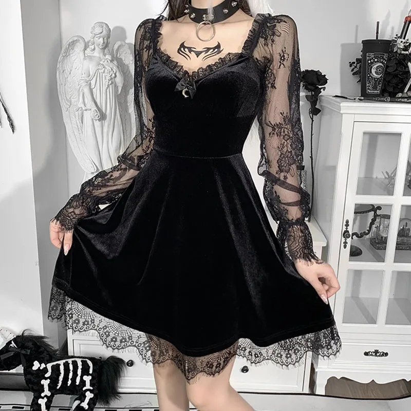 Gothic Lolita Girl Lace Trim Velvet A-Line Dress Women Sexy Perspective Long Sleeve V Neck Slim Mini Dress Cosplay Party Costume