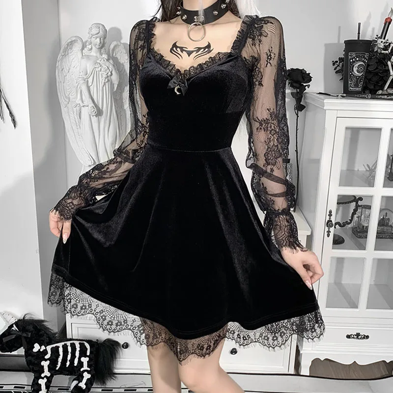 Gothic Lolita Girl Lace Trim Velvet A-Line Dress Women Sexy Perspective Long Sleeve V Neck Slim Mini Dress Cosplay Party Costume