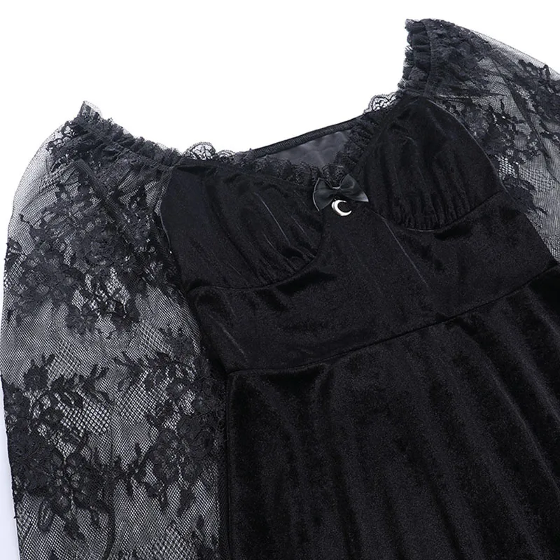 Gothic Lolita Girl Lace Trim Velvet A-Line Dress Women Sexy Perspective Long Sleeve V Neck Slim Mini Dress Cosplay Party Costume