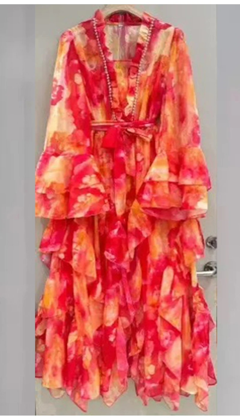 Spring/summer 2025 new V-neck long-sleeved dress with sling print elegant lace waist wooden ear layer upon layer ruffled long sk