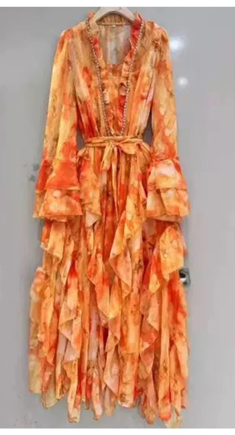 Spring/summer 2025 new V-neck long-sleeved dress with sling print elegant lace waist wooden ear layer upon layer ruffled long sk