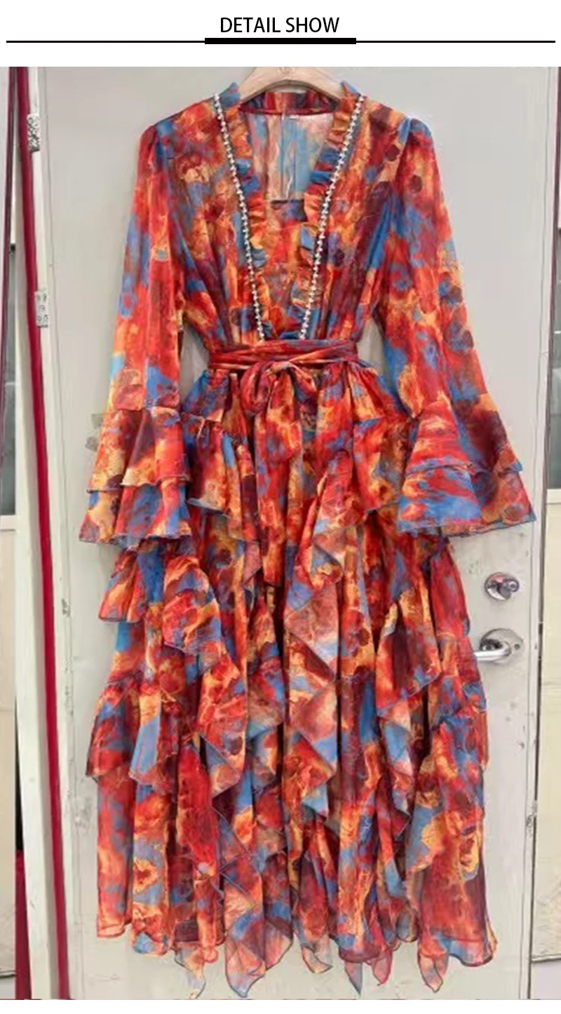 Spring/summer 2025 new V-neck long-sleeved dress with sling print elegant lace waist wooden ear layer upon layer ruffled long sk