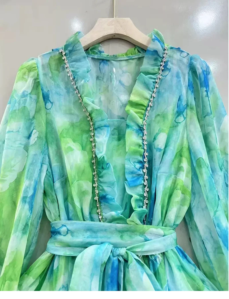 Spring/summer 2025 new V-neck long-sleeved dress with sling print elegant lace waist wooden ear layer upon layer ruffled long sk