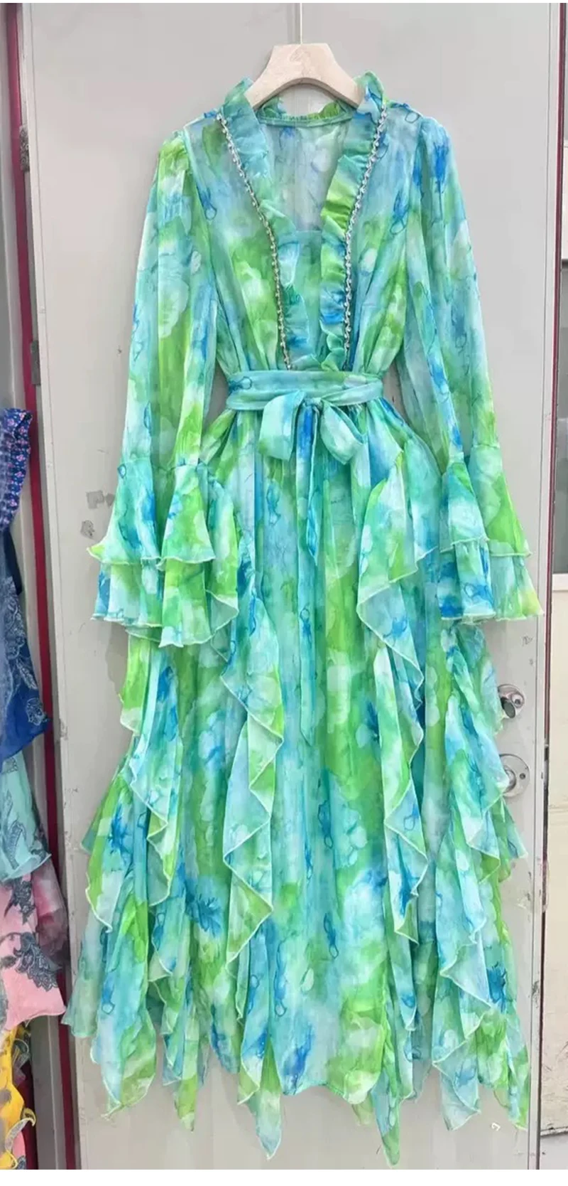 Spring/summer 2025 new V-neck long-sleeved dress with sling print elegant lace waist wooden ear layer upon layer ruffled long sk